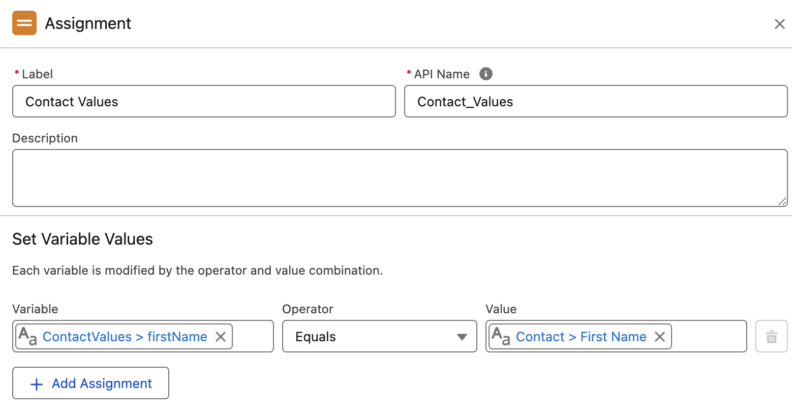 Assignment element configuration