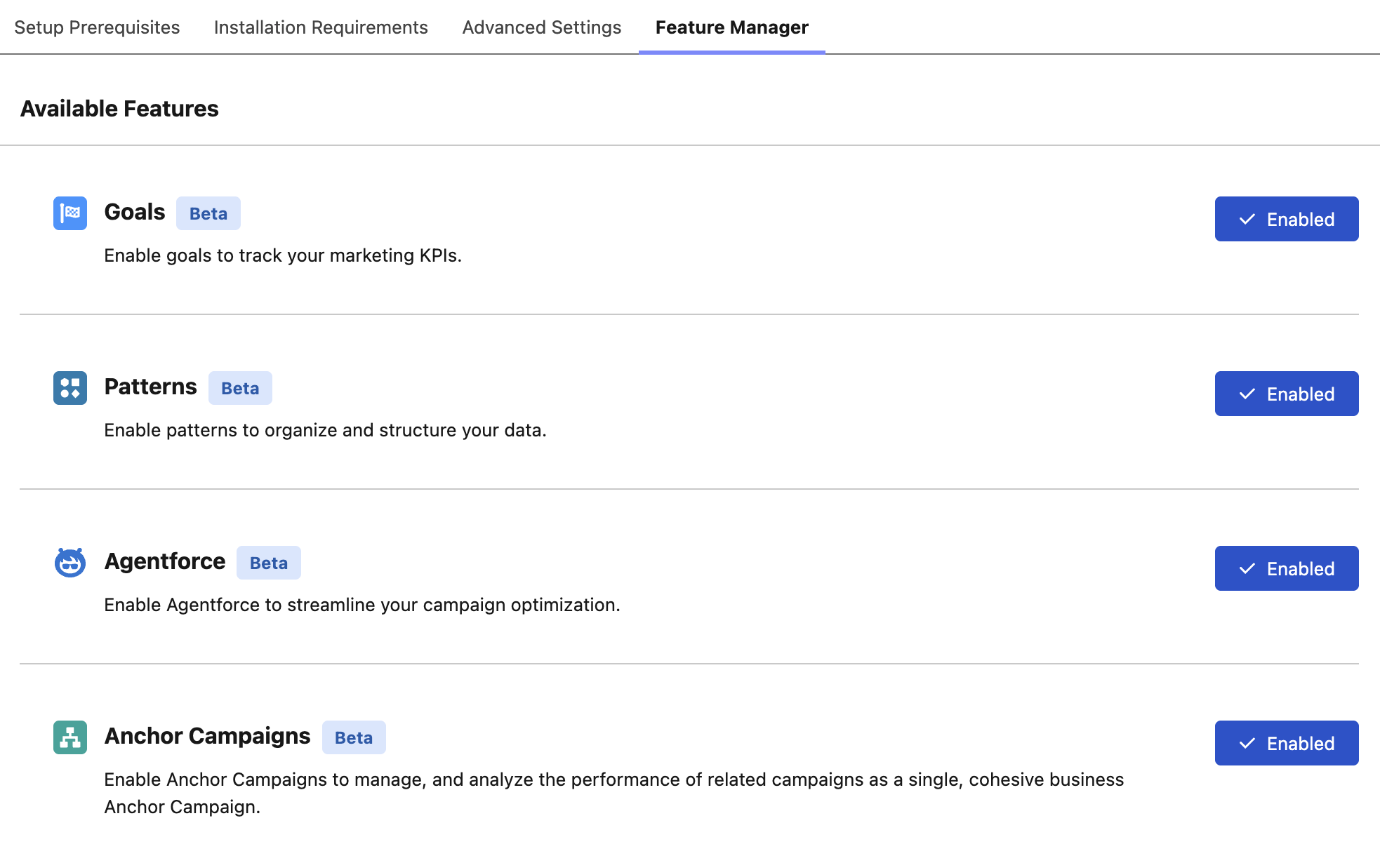 Enable Marketing Intelligence features in Feature Manager
