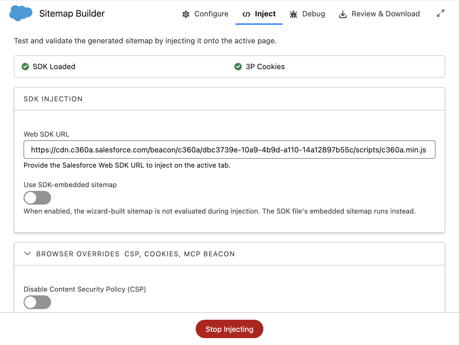 Configure SDK Injection in Sitemap Builder