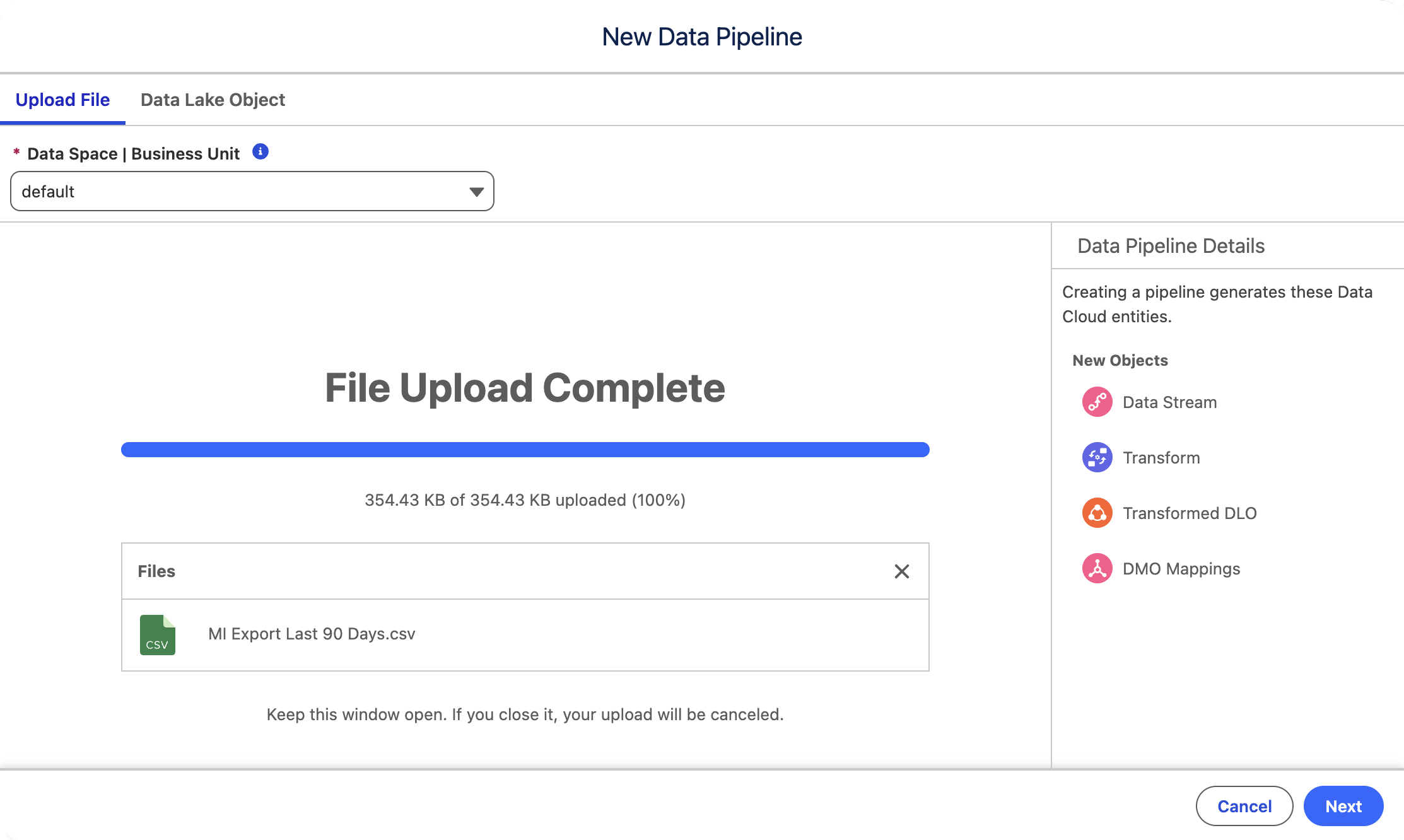 Upload CSV file to New Data Pipeline