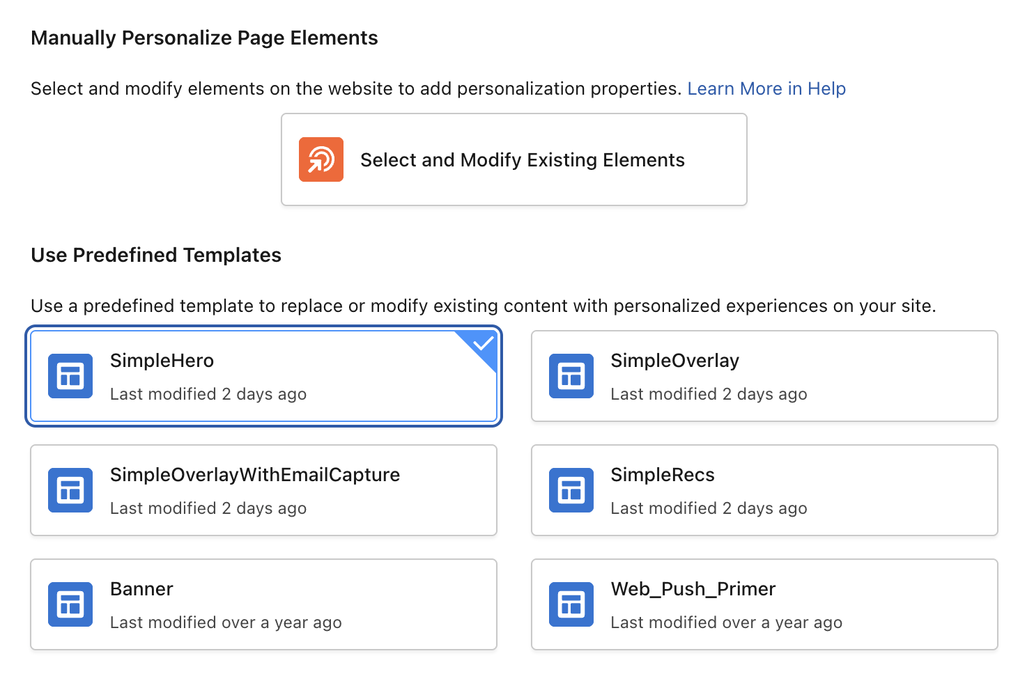 Personalization Experience Templates in Web Personalization Manager