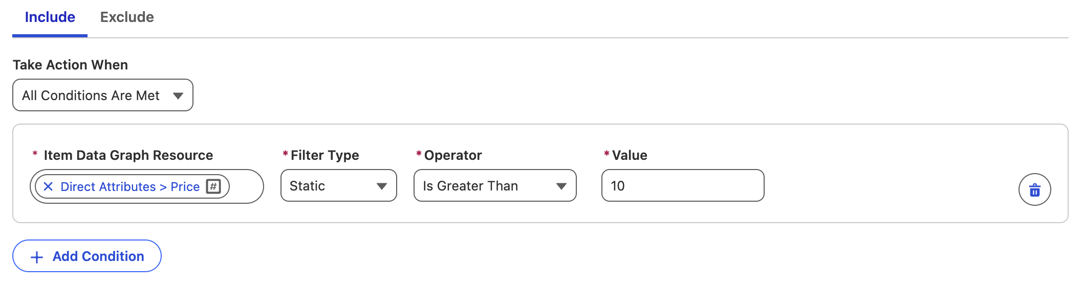 Configure filter in rule-based recommender