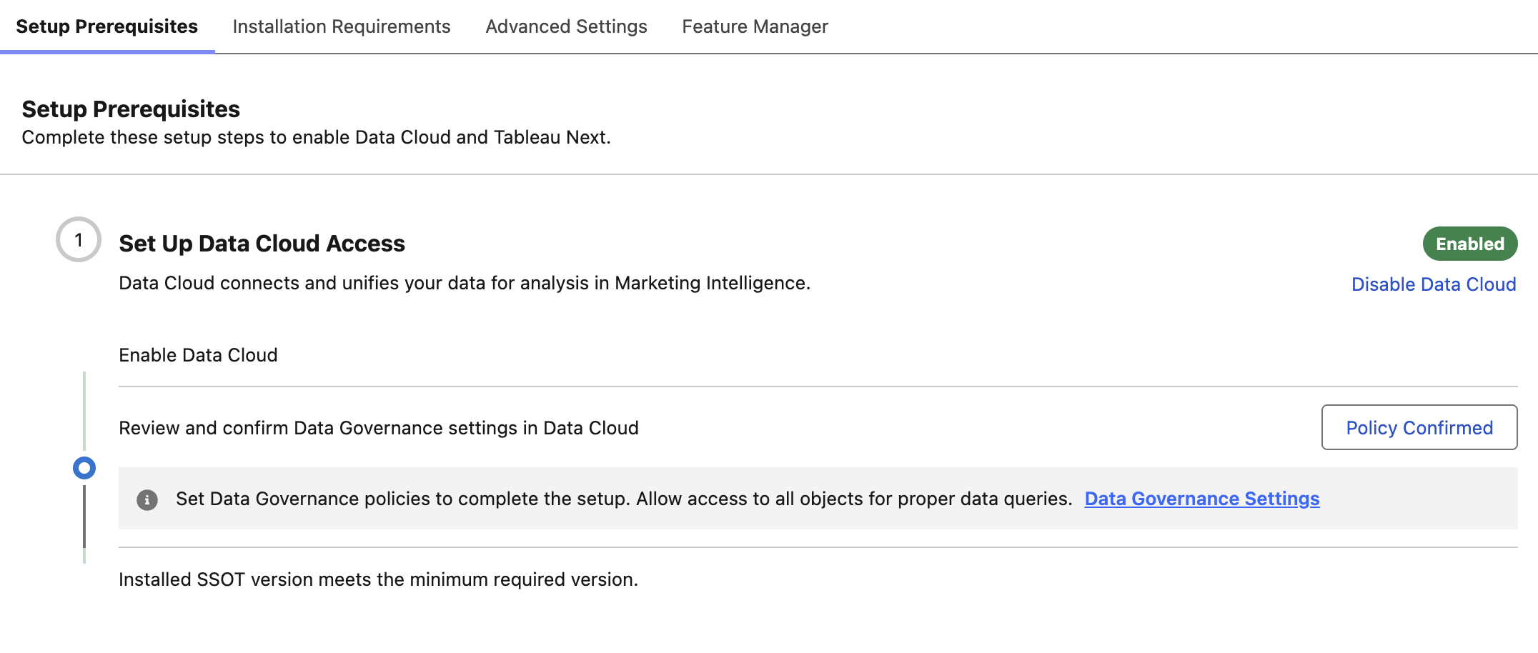 Setup Prerequisites page in Marketing Intelligence Setup